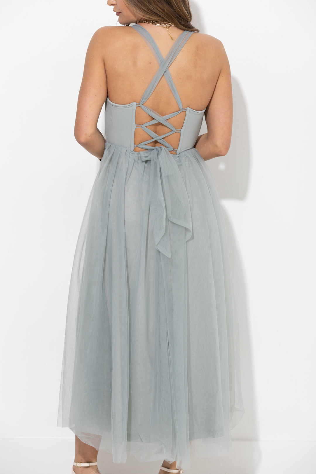 slim fit dress slacks Madison Tulle Midi Dress in Grey – Lace & Beads